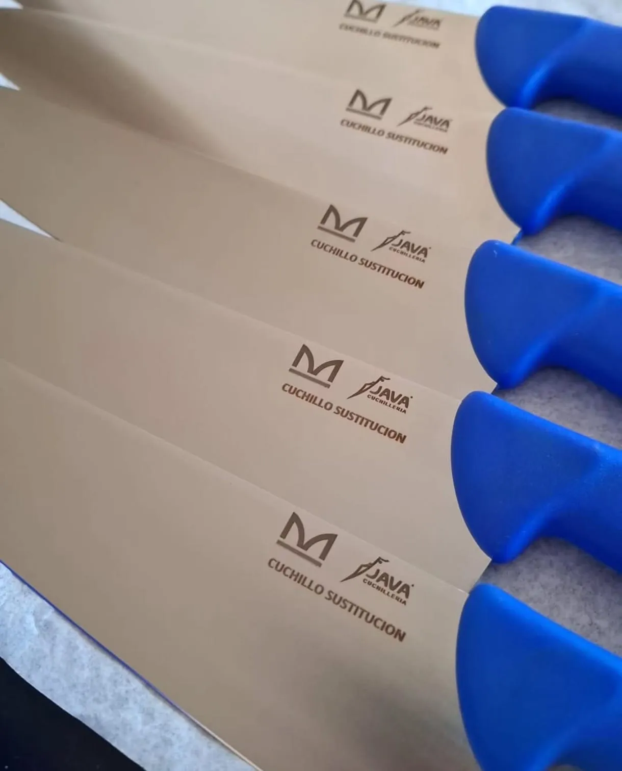 Varios cuchillos de sustitución de Manuel Muñoz Afilados con mangos azules